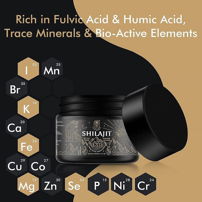 Shilajit resin jar with foil-metal element icons on the label