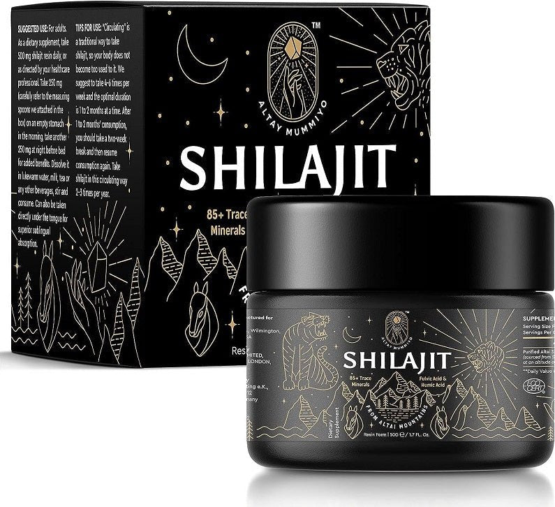 Shilajit resin jar with matching product box in black and gold graphics