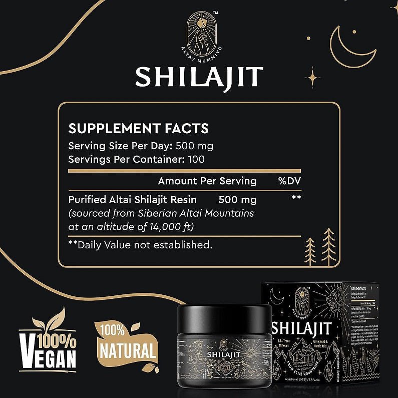 Shilajit resin jar with supplement facts panel and “SHILAJIT” label design