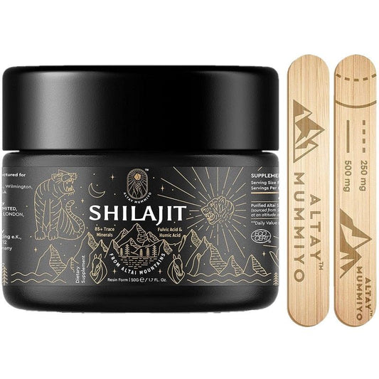 Shilajit resin jar with black lid and gold patterned label, Altay Mummiyo branding