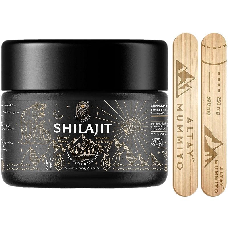 Shilajit resin jar with black lid and gold patterned label, Altay Mummiyo branding