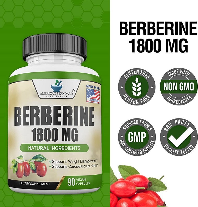 Berberine 1800 mg bottle with non-GMO, gluten-free, GMP, and vegan badges
