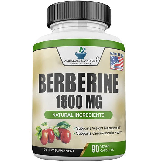 Berberine 1800 mg dietary supplement bottle, 90 vegan capsules, black ribbed cap