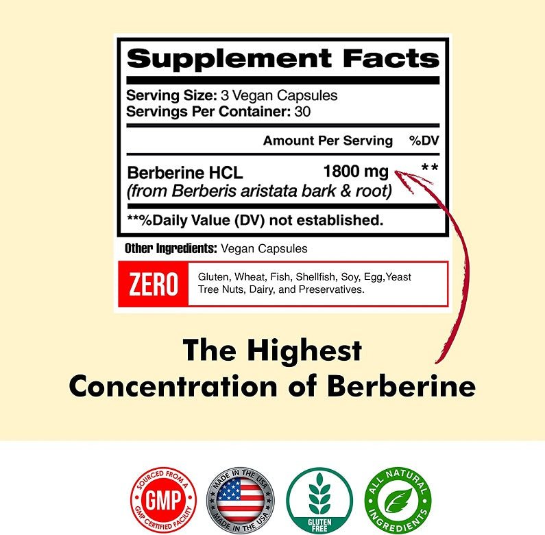 Supplement facts panel showing Berberine HCL 1800 mg, 3 vegan capsules serving size