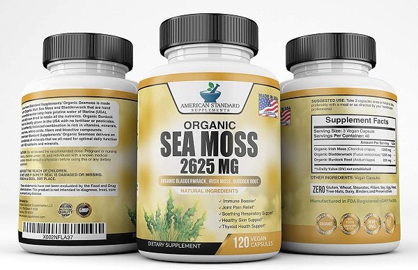 Organic sea moss supplement bottle, 2625 mg, black cap and yellow label