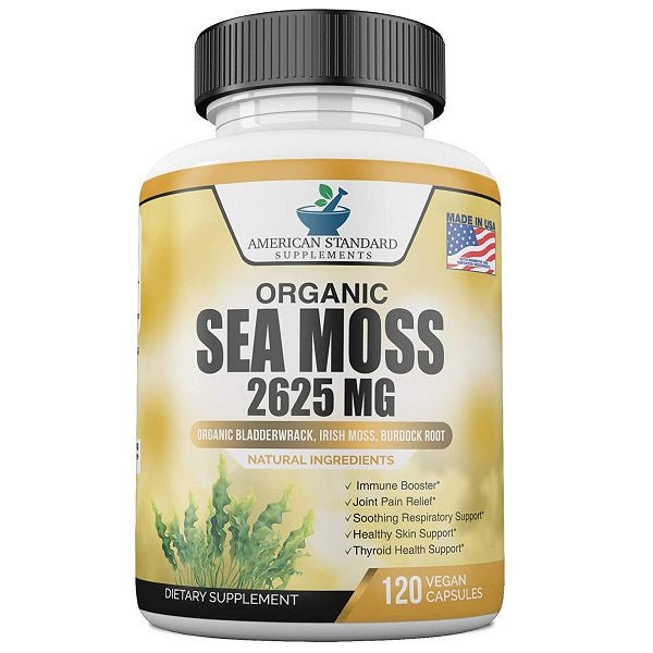 Organic sea moss supplement bottle, 2625 mg, yellow label with natural ingredients