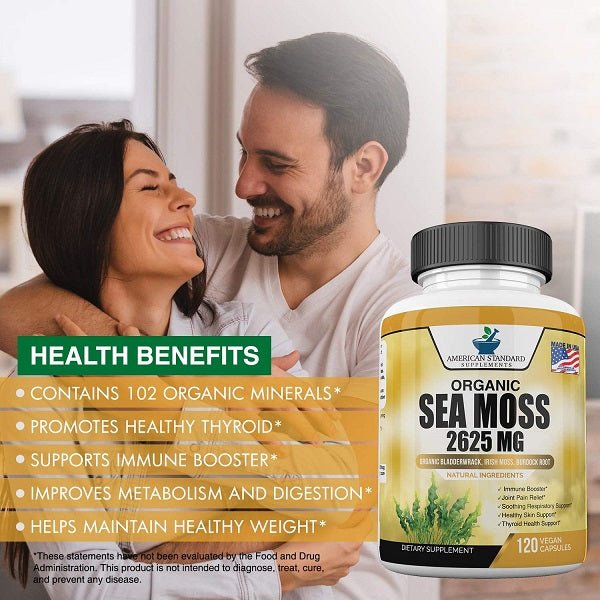 American Standard organic sea moss bottle 2625 mg beside couple, health benefits text