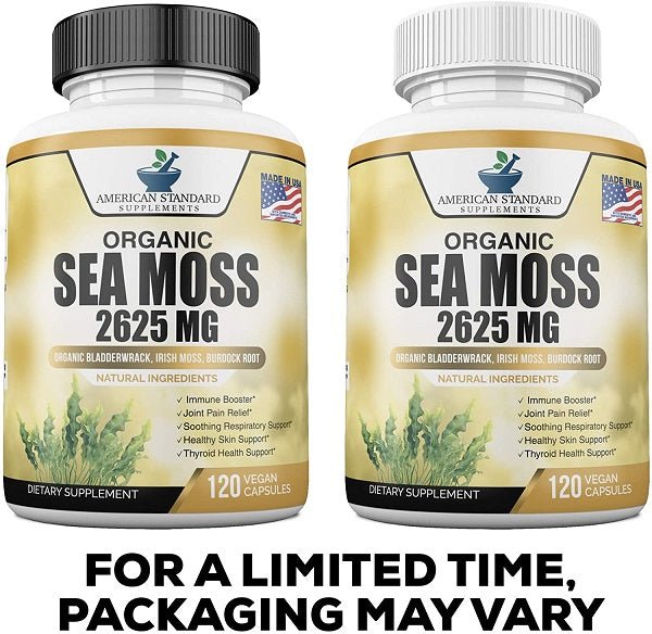 Organic sea moss supplement bottle 2625 mg, front/back views, 120 vegan capsules