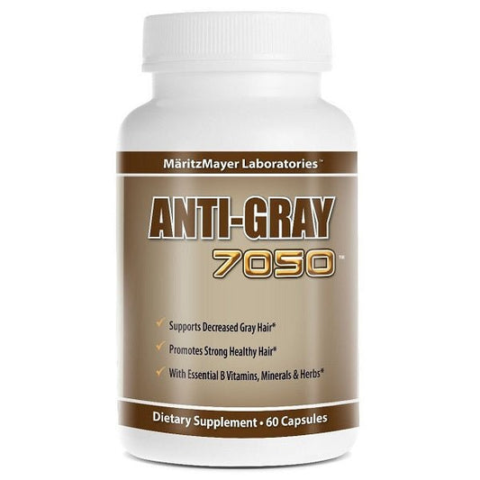 Hair supplement capsules bottle with Anti-Gray 7050 label