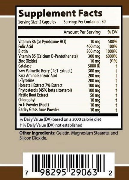 Supplement Facts panel listing vitamins, minerals, and herbal extracts per serving