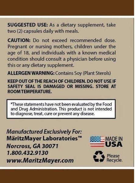Back label with suggested use, caution, allergen warning, and Made in USA details