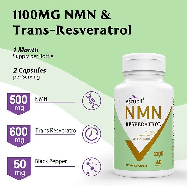 Ascuoli NMN Resveratrol 1100mg bottle, trans-resveratrol, 60 capsules