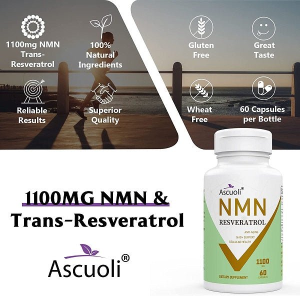 Ascuoli NMN Resveratrol 1100mg bottle with 60 capsules shown