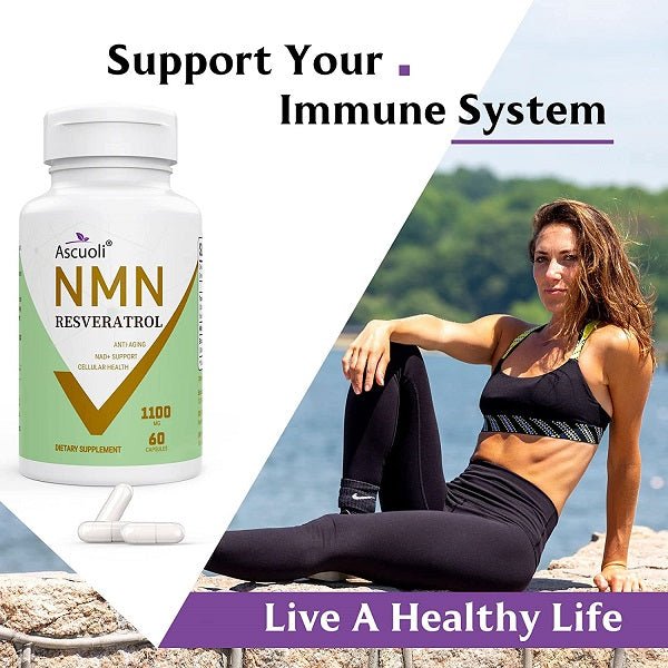 Ascuoli NMN Resveratrol bottle with 1100mg label and 60 capsules