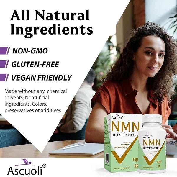 Ascuoli NMN Resveratrol bottle with vegan-friendly packaging, 60 capsules