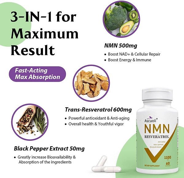 Ascuoli NMN Resveratrol bottle, 1100mg NMN, 60 capsules