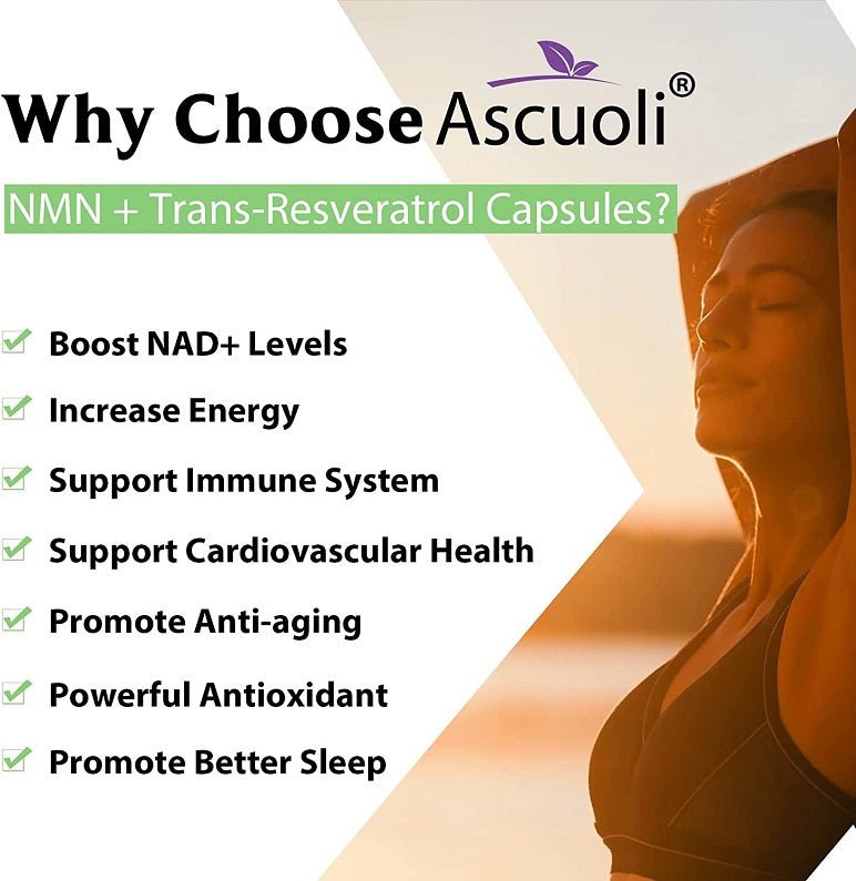 Why choose Ascuoli NMN + Trans-Resveratrol capsules infographic with checkmarks