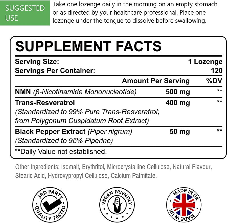 Supplement facts panel for NMN & Trans-Resveratrol lozenges, 1 lozenge serving
