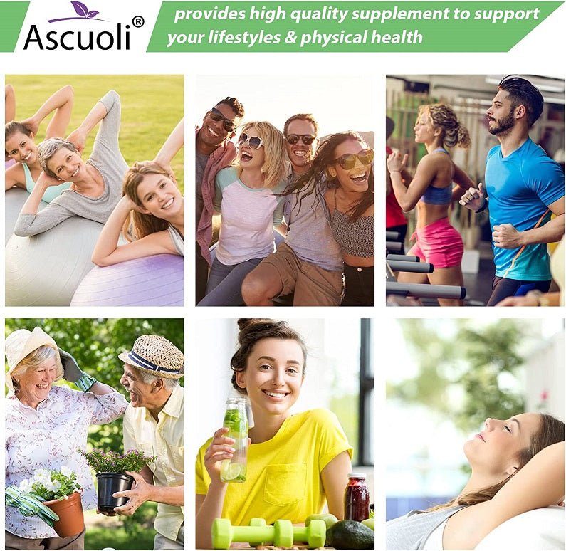 Ascuoli supplement lifestyle collage with brand logo and fitness wellness theme