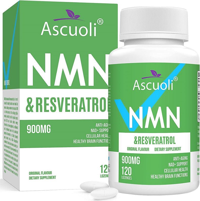 Ascuoli NMN & Resveratrol lozenge bottle with box and tablets, 120 lozenges