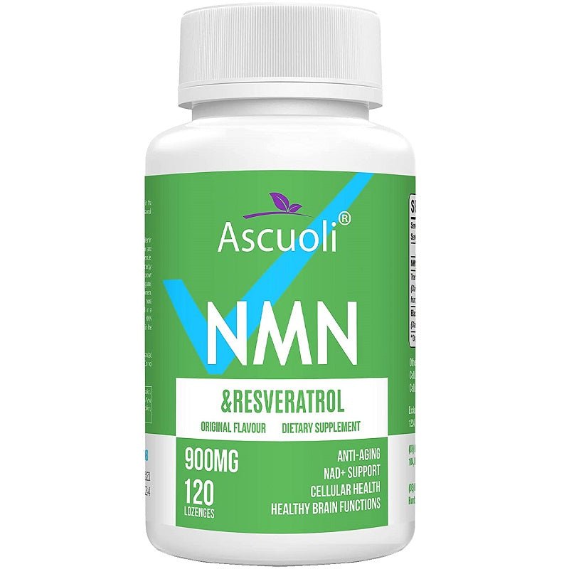 Ascuoli NMN & Resveratrol lozenge bottle, green label, 120 lozenges