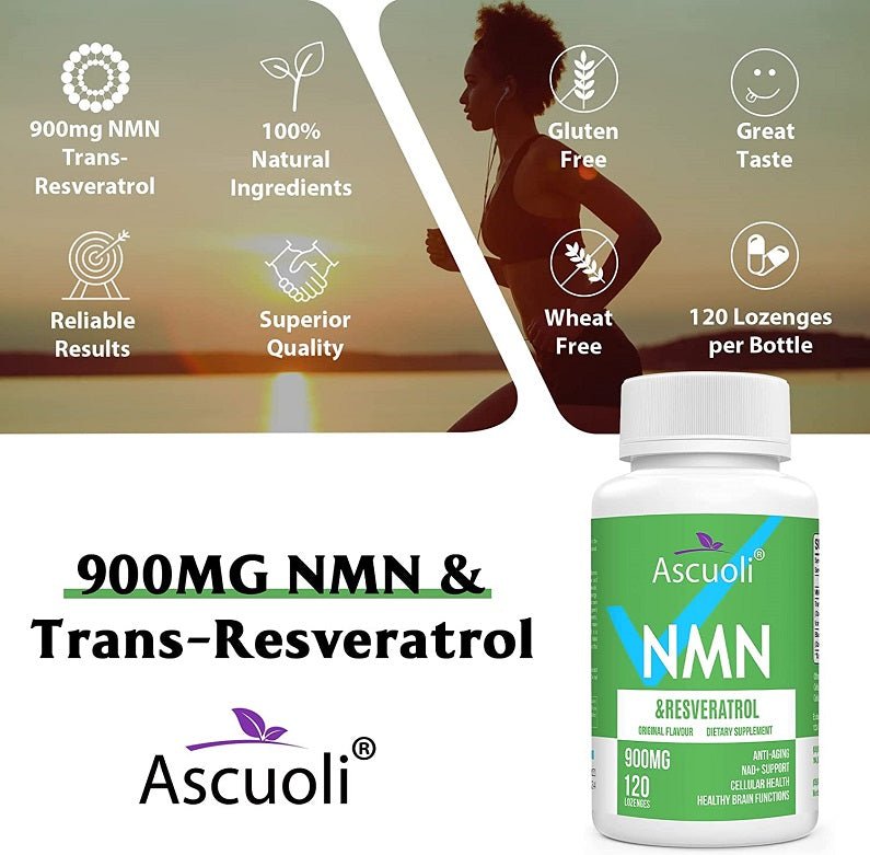 Ascuoli 900mg NMN & Trans-Resveratrol supplement bottle with benefit icons