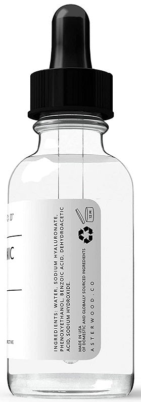 Hyaluronic acid anti-aging serum bottle with ingredient label and black dropper