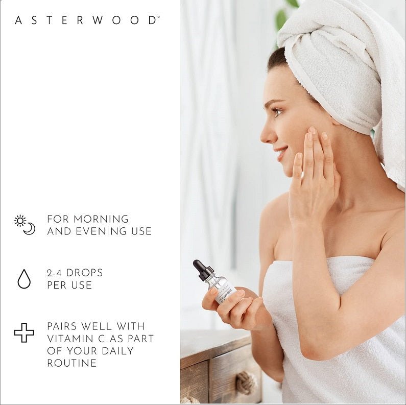 Hyaluronic acid anti-aging serum application: woman applies serum to face from bottle
