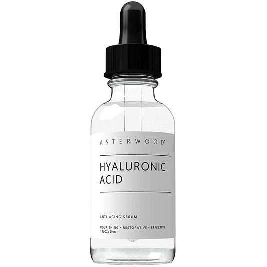 Hyaluronic acid anti-aging serum bottle with black dropper and clear liquid