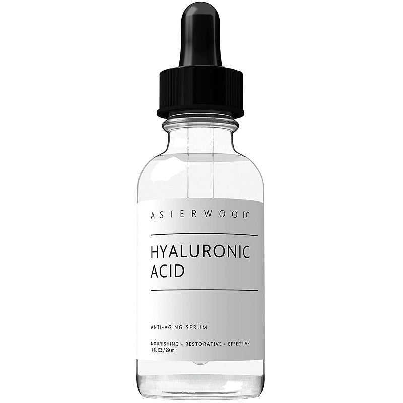 Hyaluronic acid anti-aging serum bottle with black dropper and clear liquid