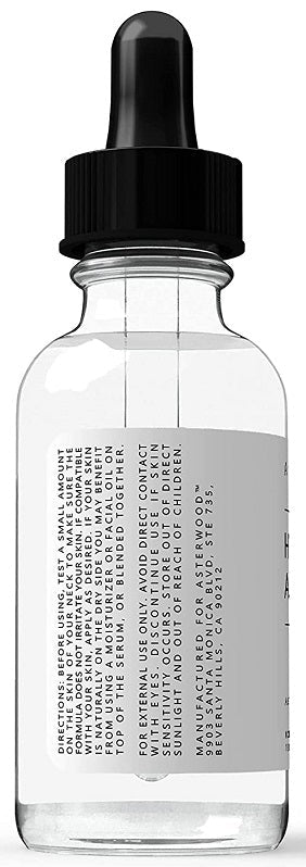 Hyaluronic acid anti-aging serum bottle with product information panel and black dropper