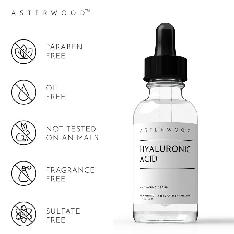 Hyaluronic acid anti-aging serum bottle with paraben-free icons and black dropper
