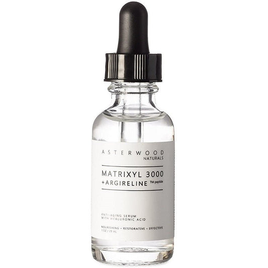 Anti-aging serum bottle with black dropper and Matrixyl 3000 + Argireline label