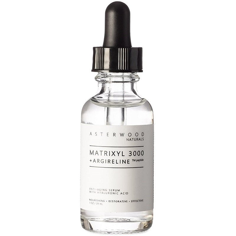 Anti-aging serum bottle with black dropper and Matrixyl 3000 + Argireline label