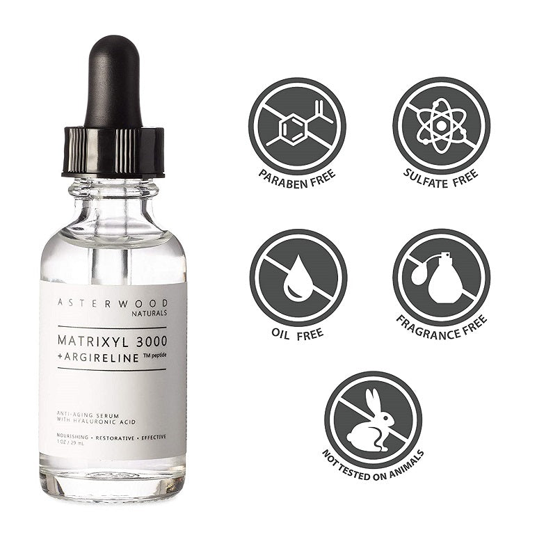 Anti-aging serum bottle with black dropper and badge icons: paraben-, sulfate-, fragrance-free
