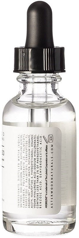 Anti-aging serum bottle with black dropper and clear liquid, back-label ingredient text