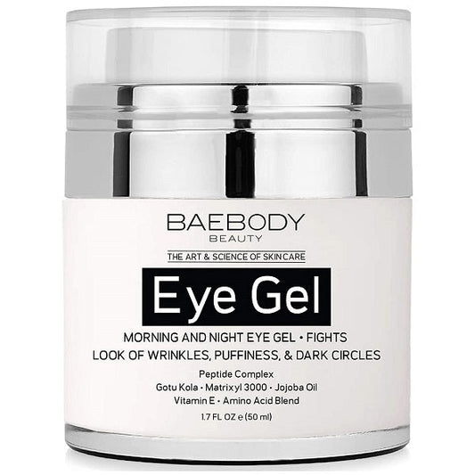 Baebody Eye Gel jar with silver lid and BAEBODY Eye Gel label
