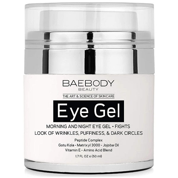 Baebody Eye Gel jar with silver lid and BAEBODY Eye Gel label