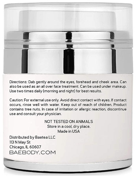 Baebody Eye Gel jar back panel with directions and caution text