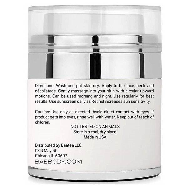 Baebody Retinol moisturizer jar back label with directions and warnings text