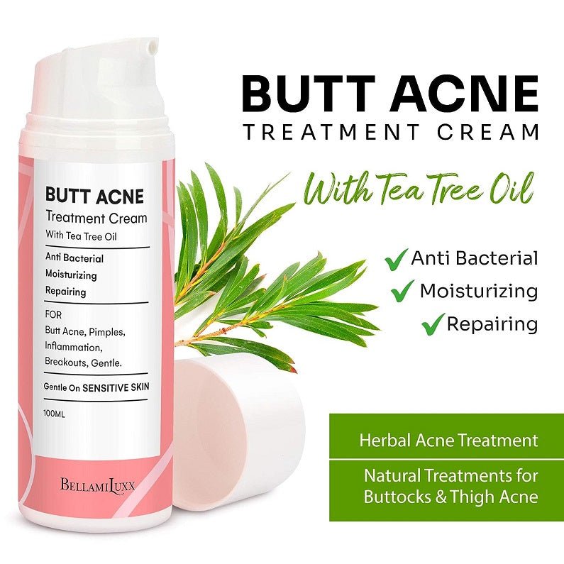 Butt acne treatment cream bottle with tea tree oil, 100 mL, with tea tree leaves
