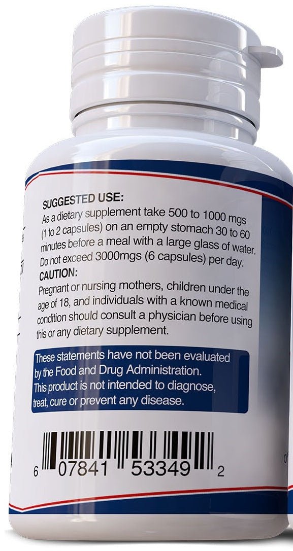 Directions and warnings label on DHT blocker capsule bottle with barcode