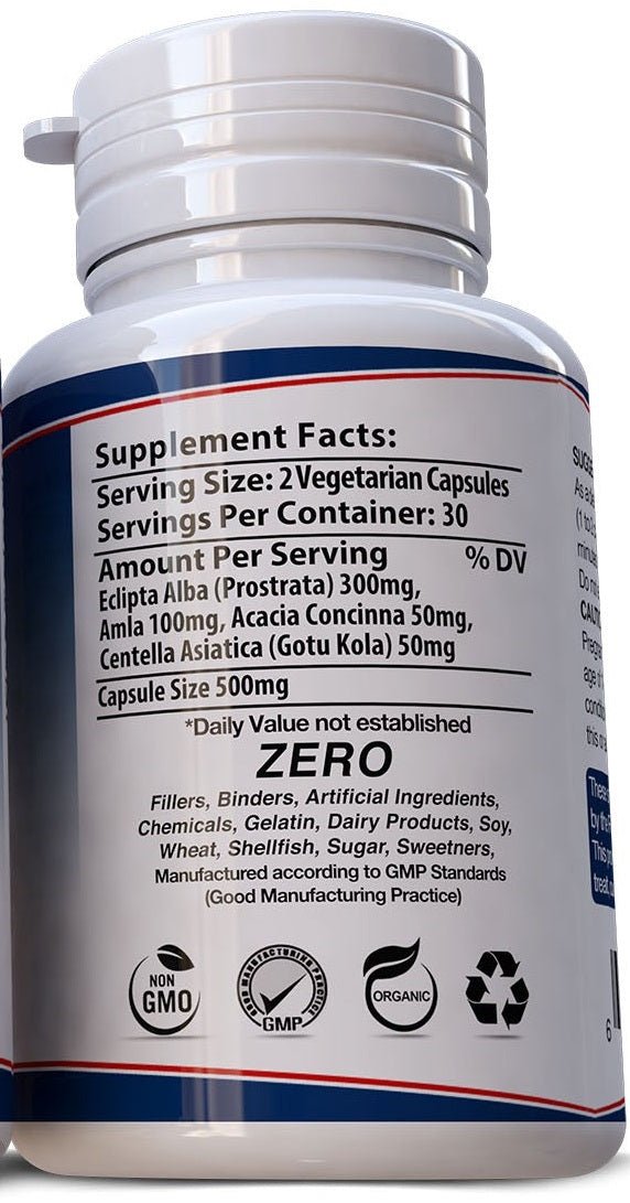 Supplement facts label on DHT blocker veggie capsule bottle, serving size 2 capsules
