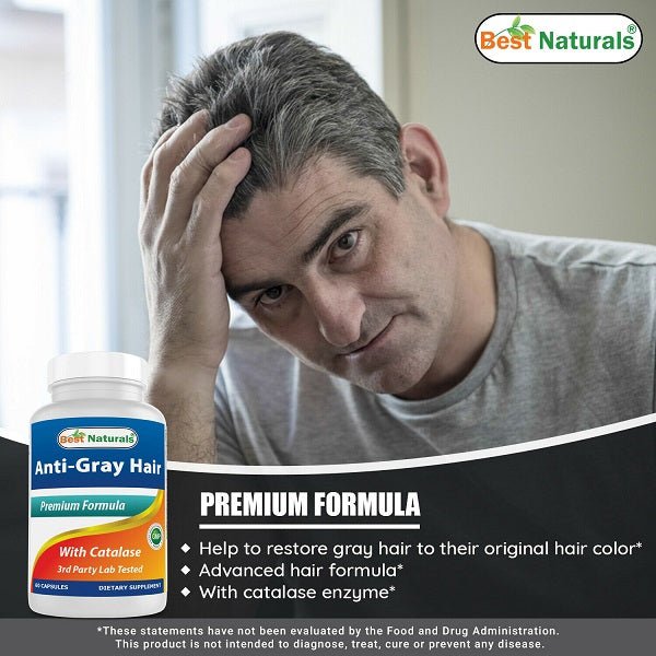 Anti-Gray Hair supplement bottle with Premium Formula and With Catalase label
