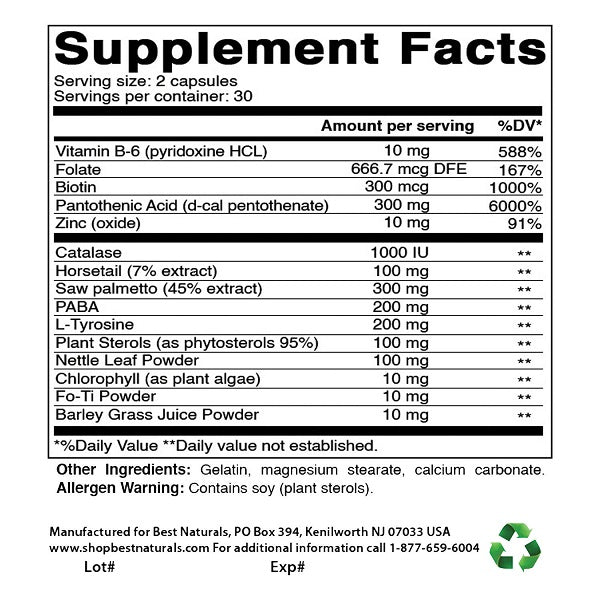 Supplement Facts panel for Anti-Gray Hair capsules with Catalase and herbal blend