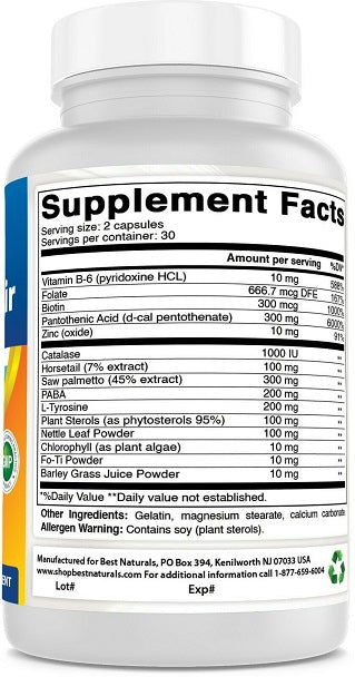 Back label Supplement Facts for Anti-Gray Hair capsules, showing Catalase 1000 IU