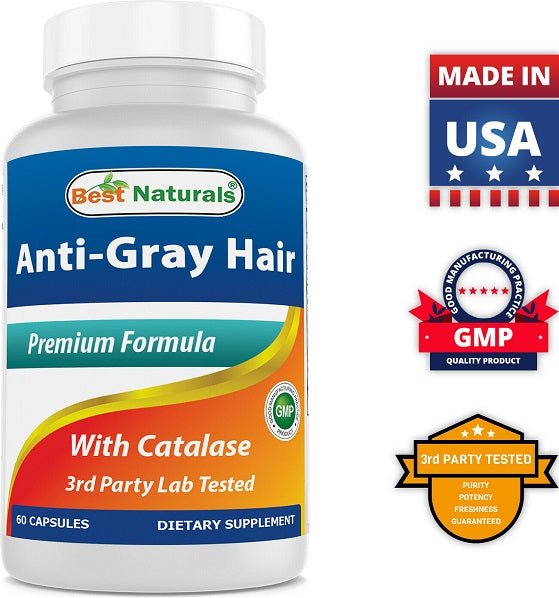 Anti-Gray Hair supplement bottle with Catalase label, plus Made in USA and GMP badge