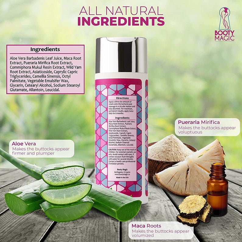 Booty Magic butt enhancement cream with aloe and maca root visuals, silver-capped bottle