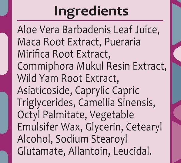 Booty Magic ingredients panel with aloe vera and maca root extracts text on label