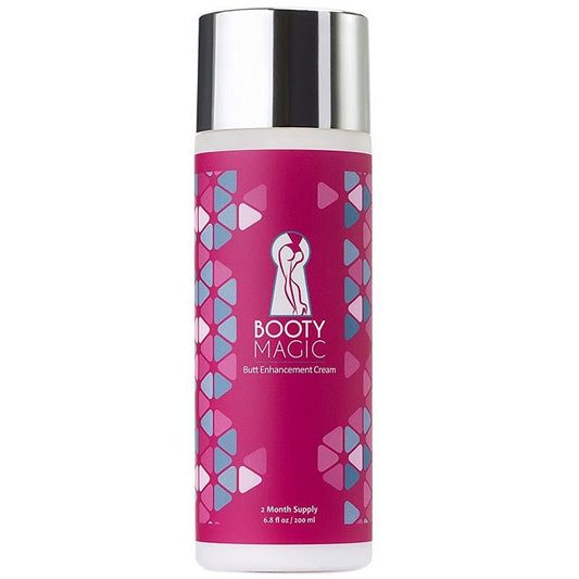 Booty Magic butt enhancement cream bottle, 200 ml with silver cap and pink label